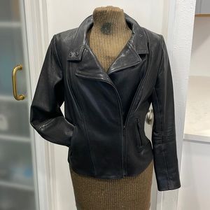 Halogen Black Leather Bomber Jacket - medium petite